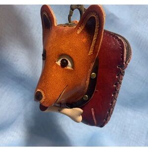 Vintage Handcrafted Leather Dog Face Coin Purse Keychain